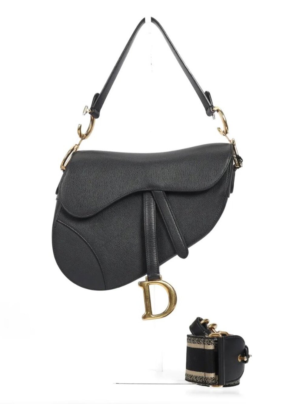 Dior Medium Saddle Bag – Black Grained Calfskin w/ Embroidered Strap